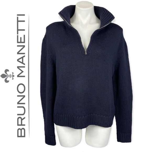 BRUNO MANETTI Merino Wool Boxy Quarter Zip Sweater Made In Italy Navy Blue M - Picture 3 of 16